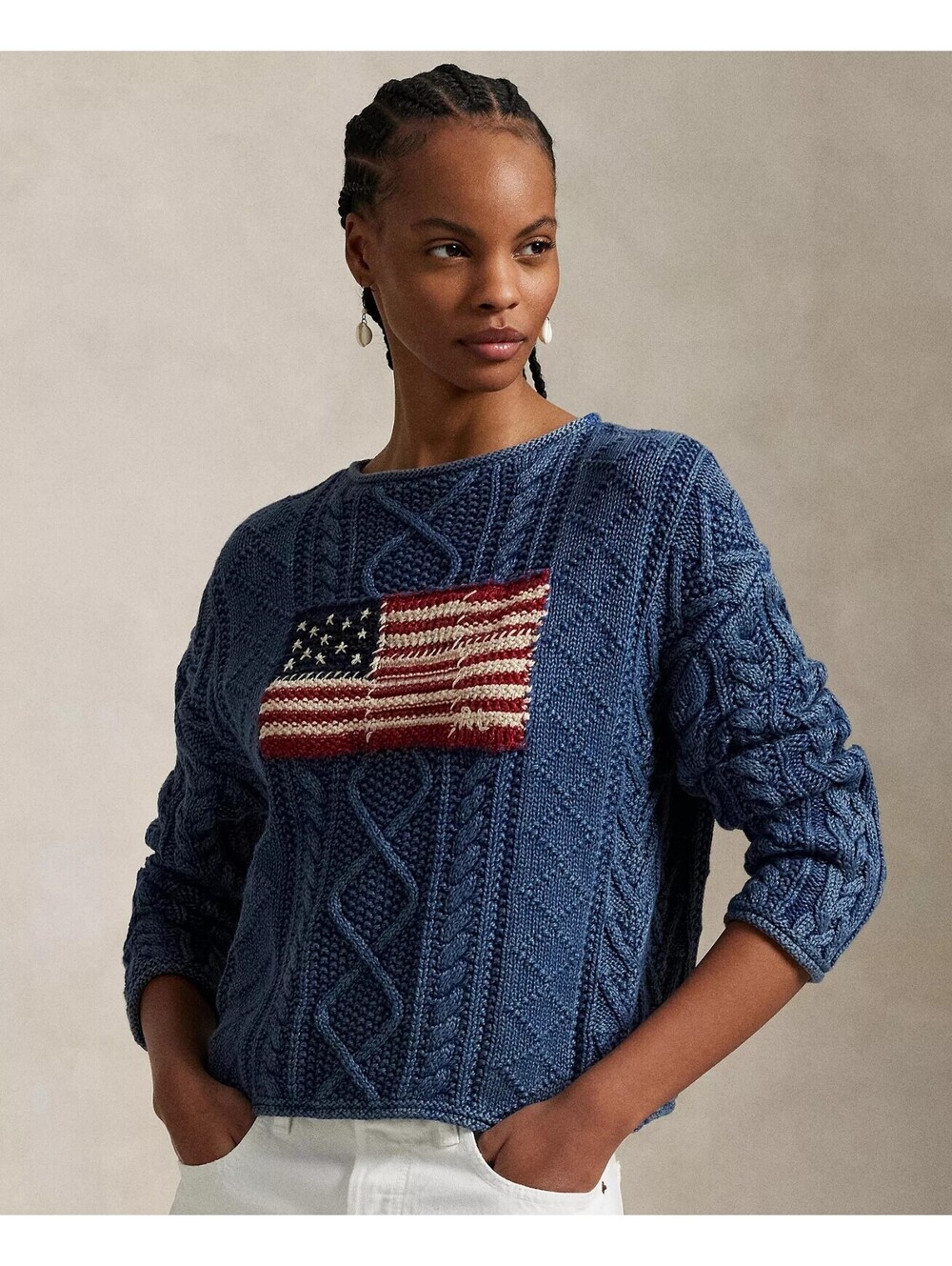 Polo Ralph Lauren USA Flag Sweater Aran-Knit Cotton Indigo multi Blue L - Picture 1 of 4